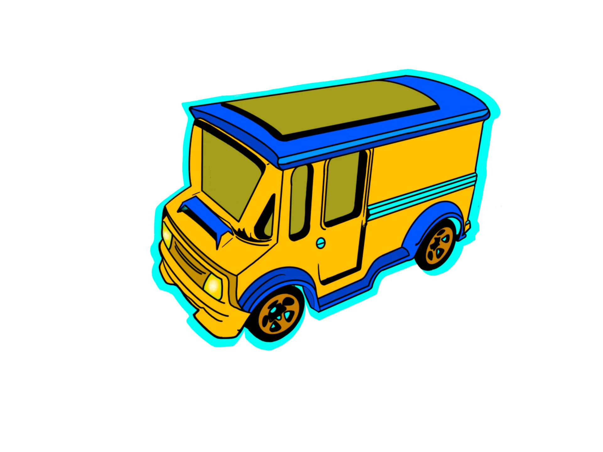 Bold yellow and blue cartoon box truck with a cyan outline