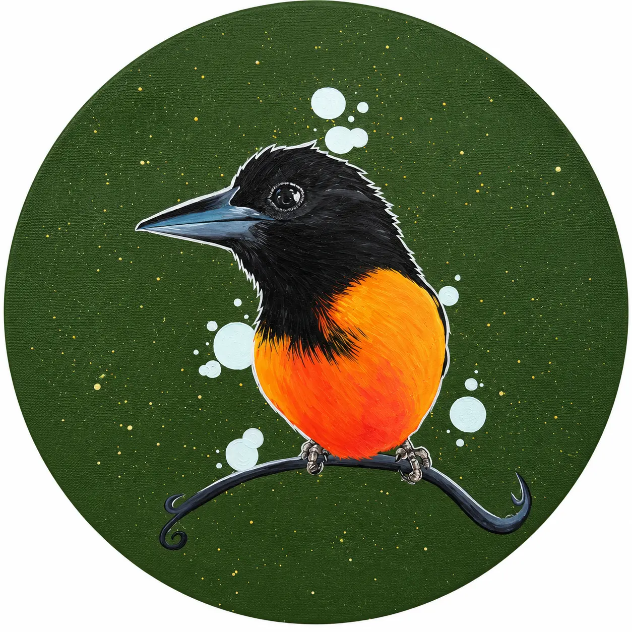 Orange-and-black bird perched on a curved branch against a green circular background