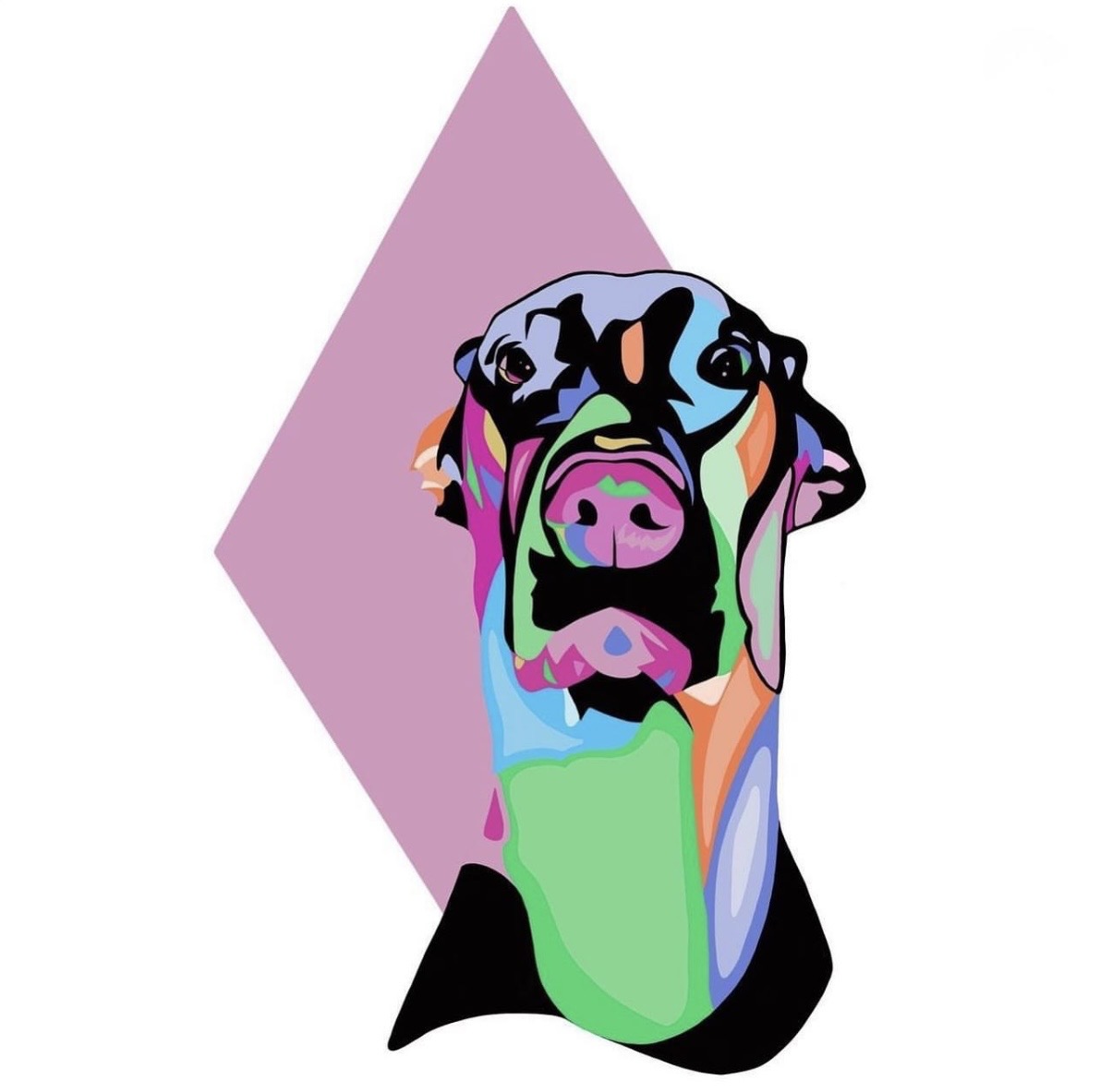 Multicolor pop-art portrait of a dog over a pink diamond