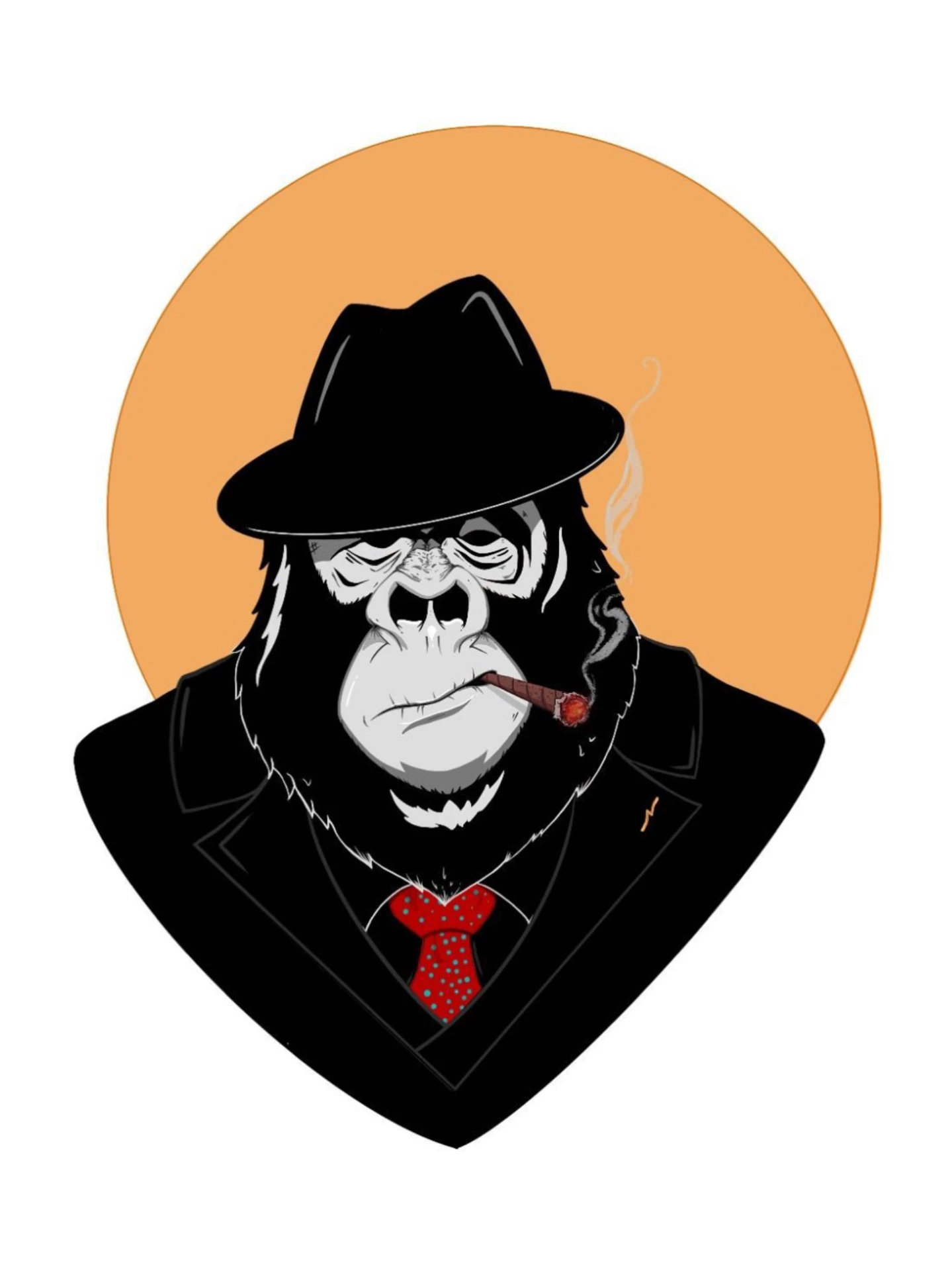Illustration of a gorilla in a fedora and suit smoking a cigar on an orange circle