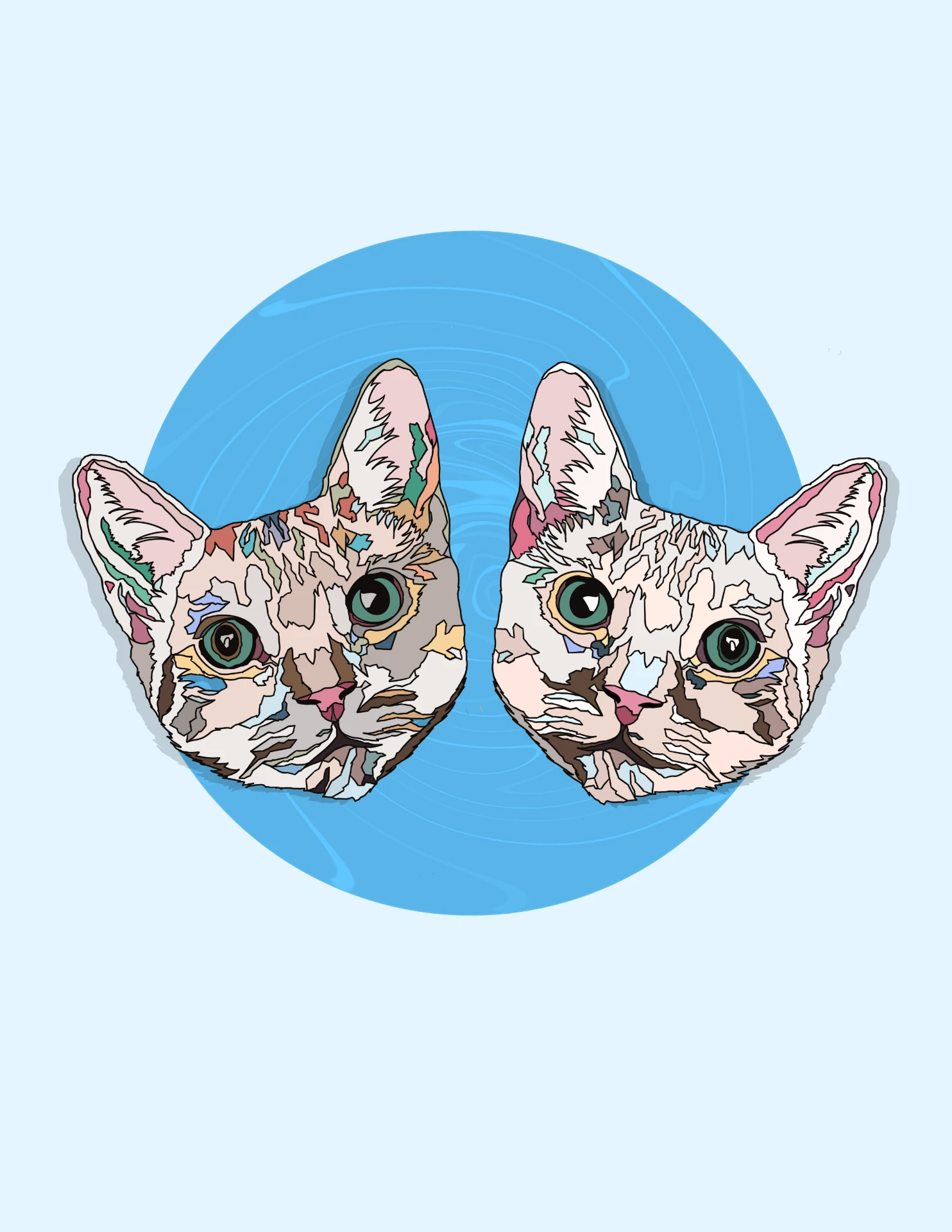 Two mirrored illustrated cat faces on a blue circle