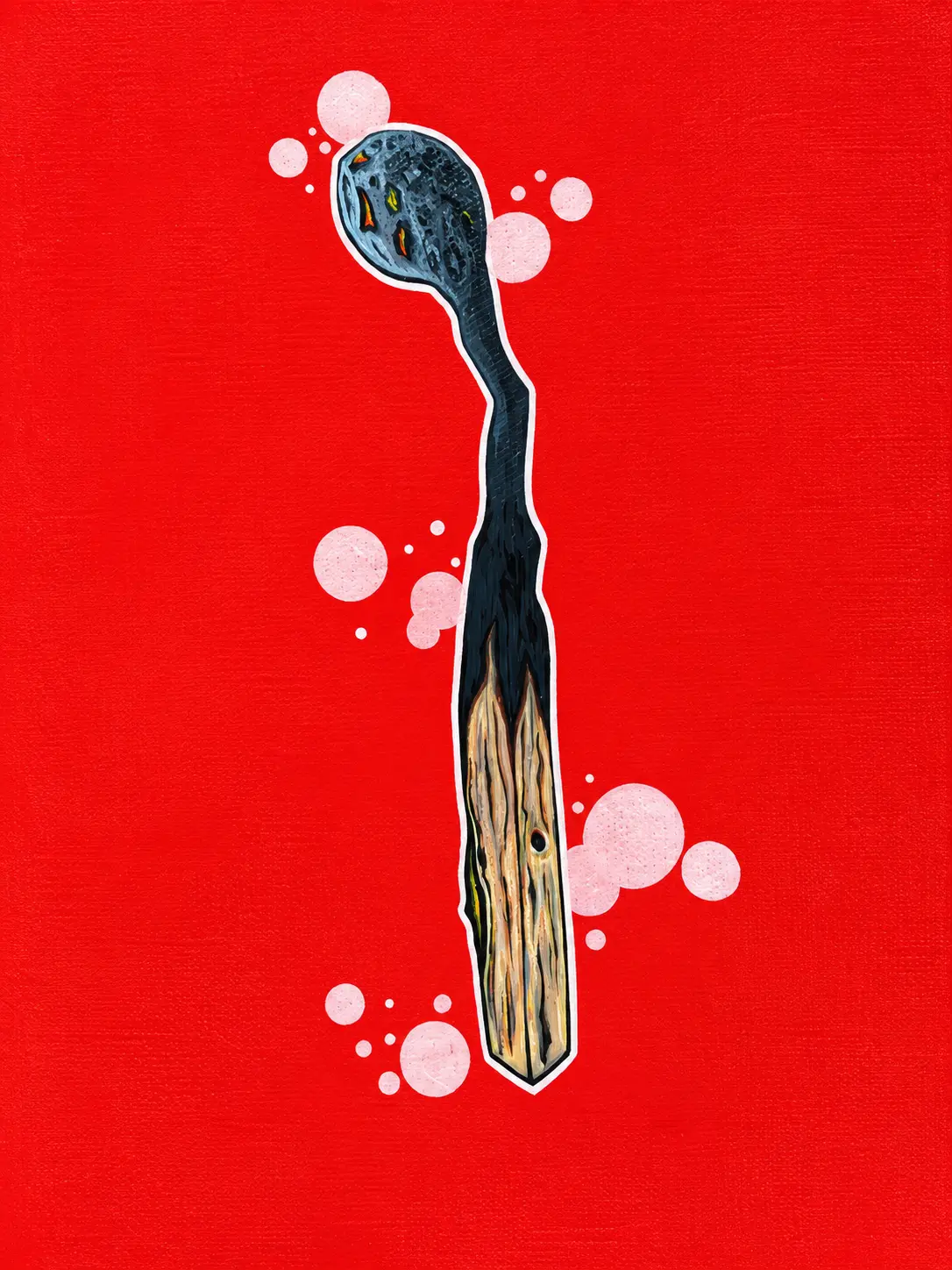 Painting of a burnt matchstick with pink bubbles on a red canvas