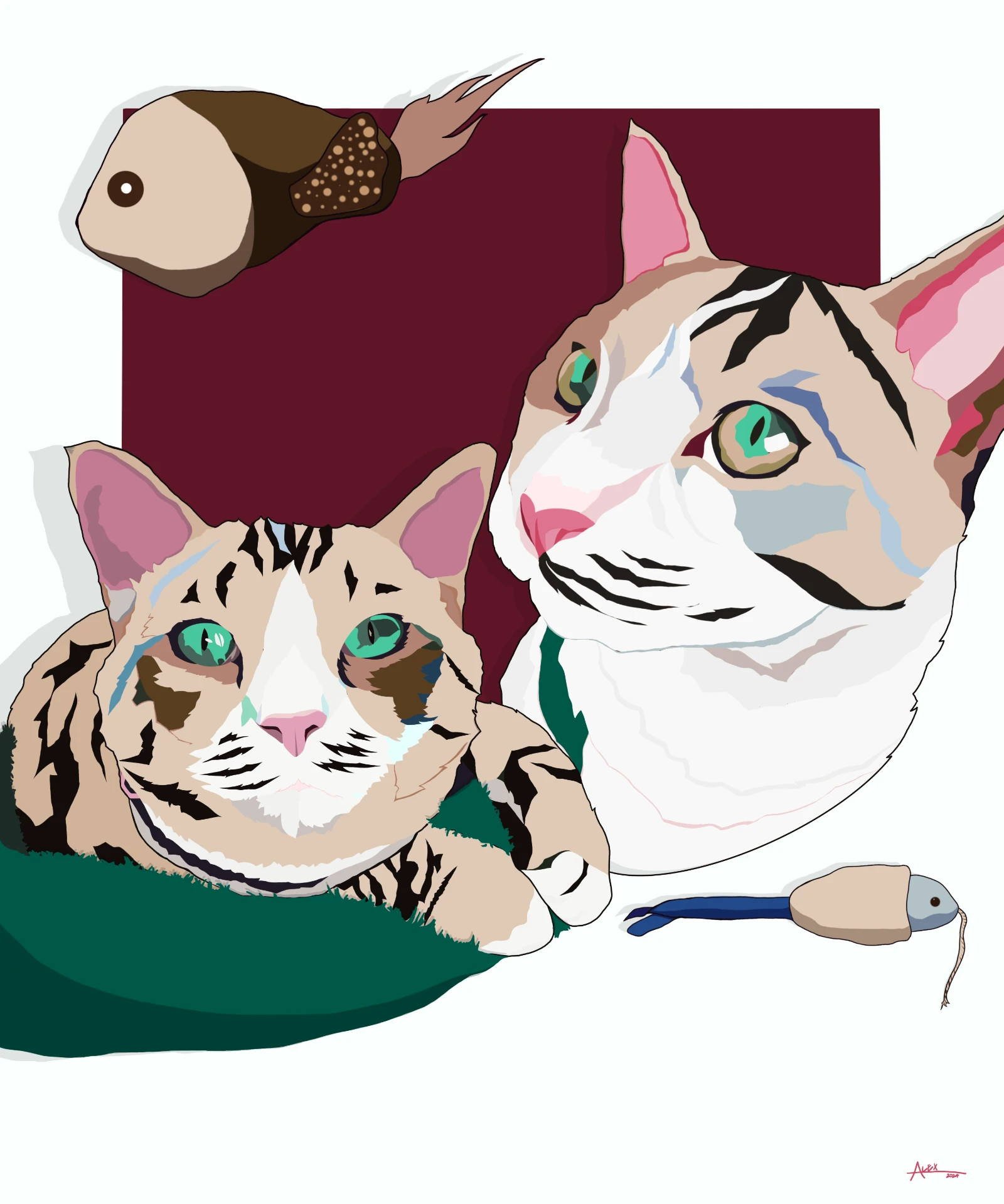 Vector portrait of two tabby cats with toy fish on a maroon and green background