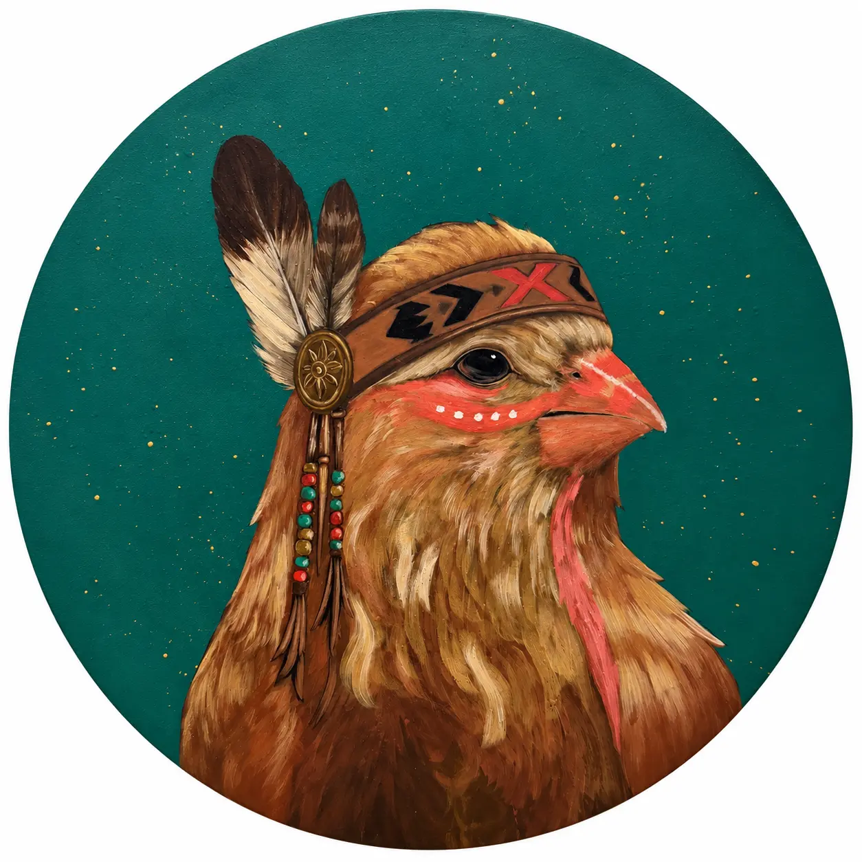 Portrait of a brown bird wearing a feathered headband on a teal circular background