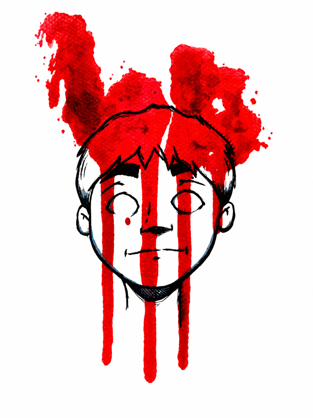 Ink drawing of a face with red painted stripes running down it