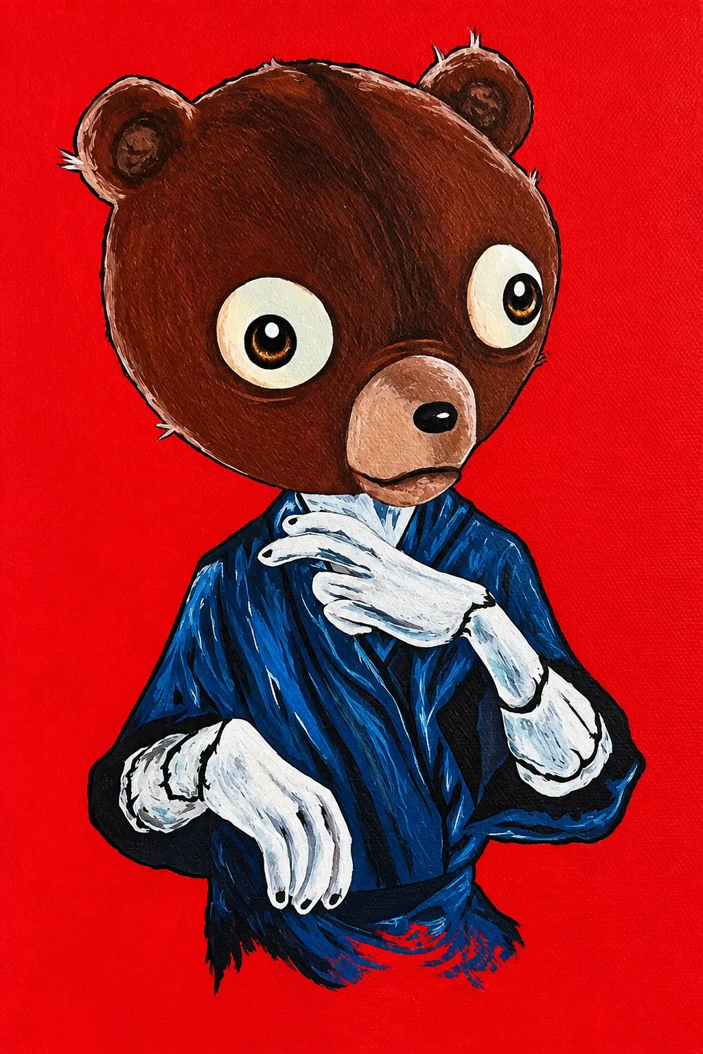 Acrylic painting of a brown bear in a blue jacket on a red background