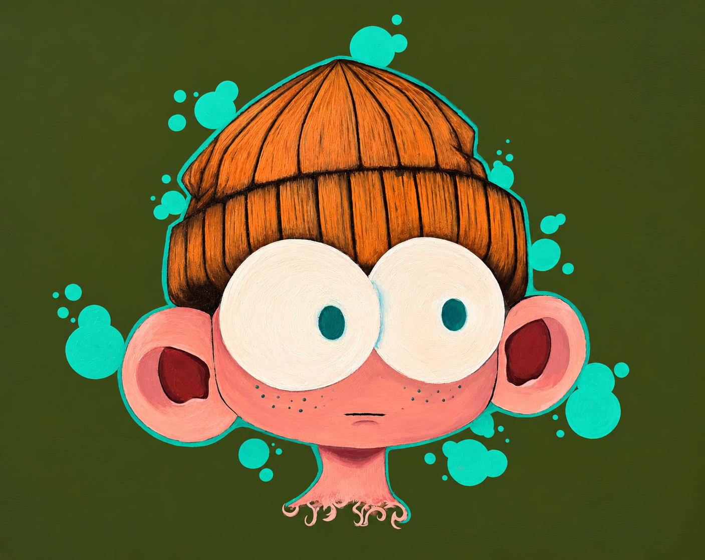 Painting of a wide-eyed character in an orange beanie with teal paint splatters on olive green