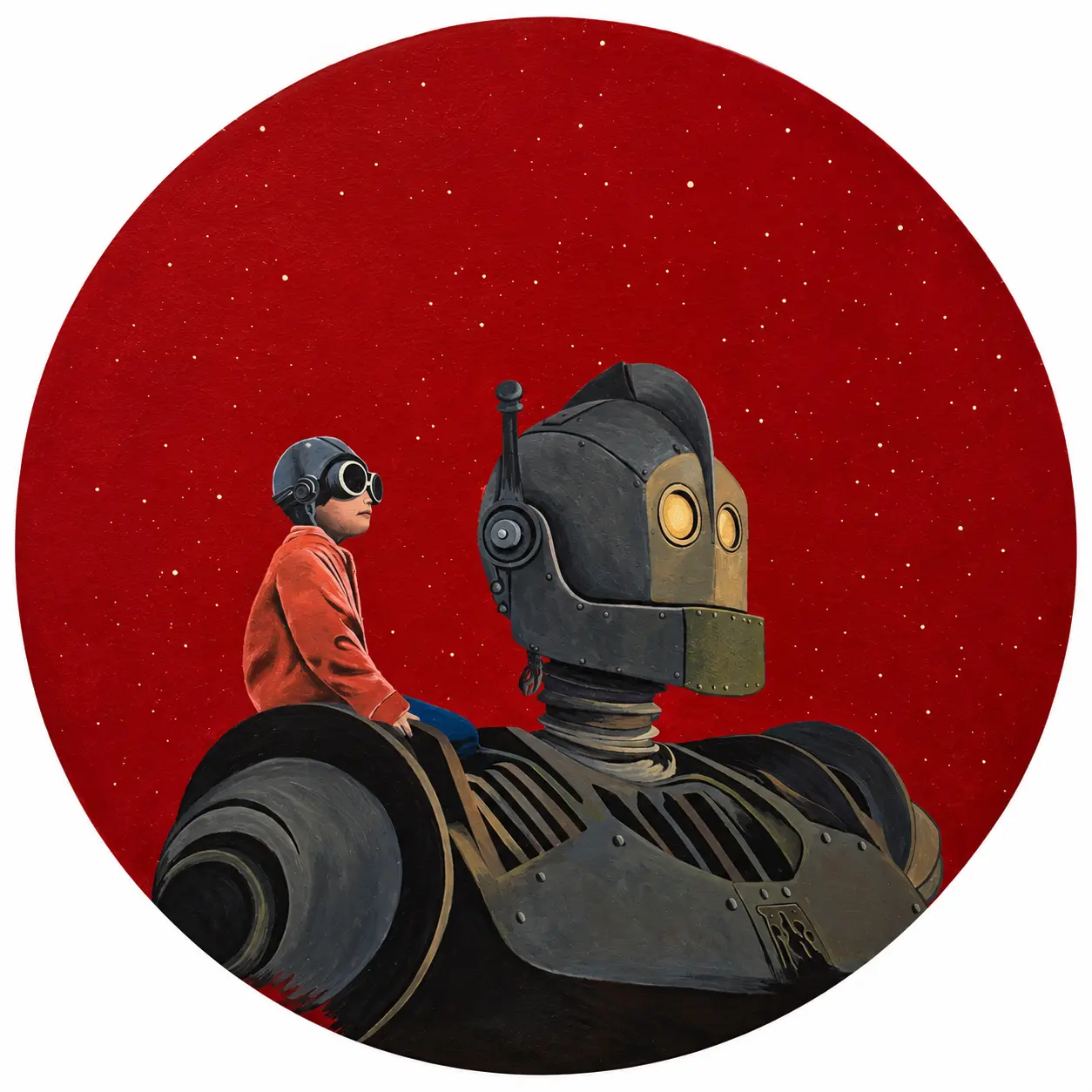 Child in goggles riding on the shoulder of a large robot against a red circular background