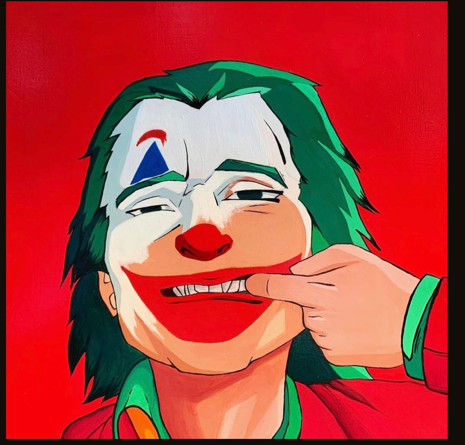 Painting of a clown-faced figure with green hair pulling a smile on a red background
