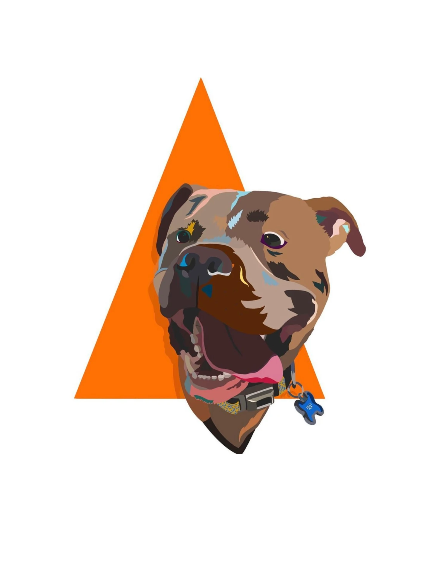 Vector portrait of a smiling pit bull over an orange triangle